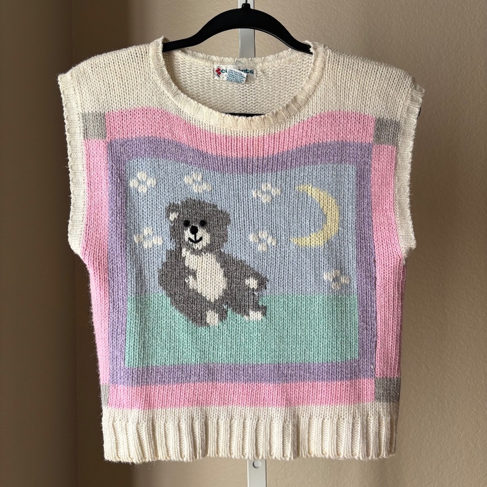 Vintage 80's Currants Sleeveless Pastel Bear Moon Knit Sweater